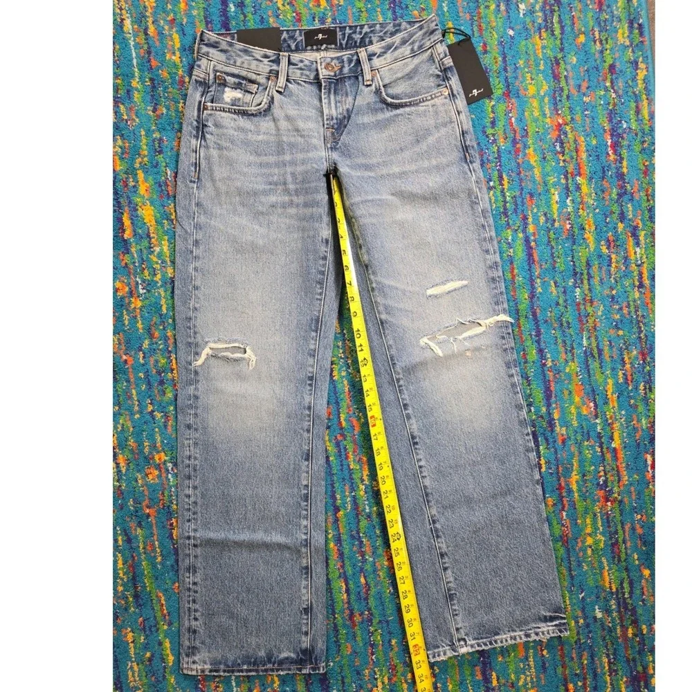NWT 7 For All Mankind Low Straight Jeans Blue Wave Distressed Size‎ 30 x 33 L